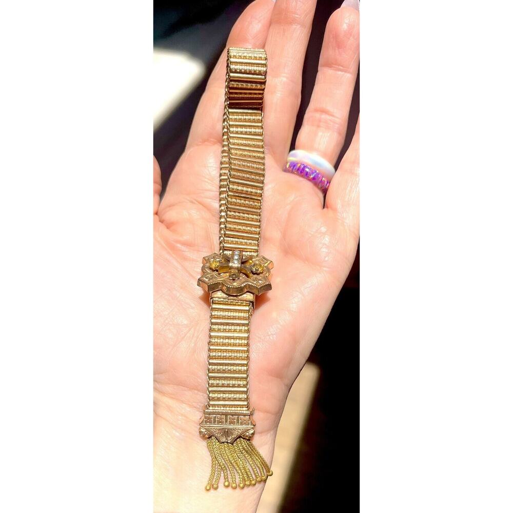 Antique Victorian Etruscan Revival Tassel Slide Bracelet Seed Pearl Gold Filled